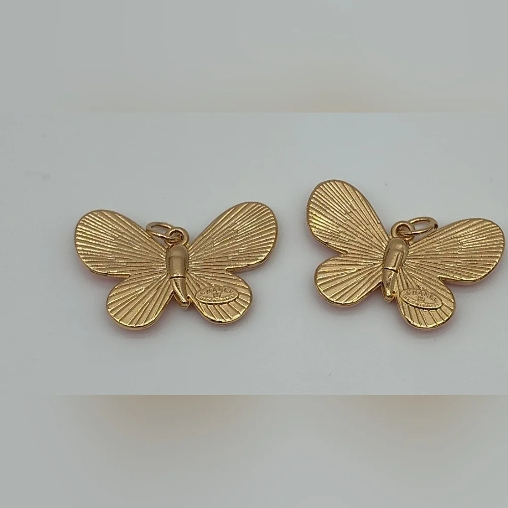 CHANEL Pink Enamel Butterfly Charms Set of 2 Karl Lagerfeld Era Signed Gold Tone